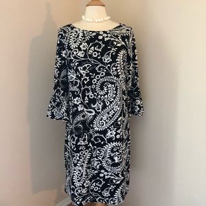 Talbots M Black and White Paisley Bell Cuff Dress